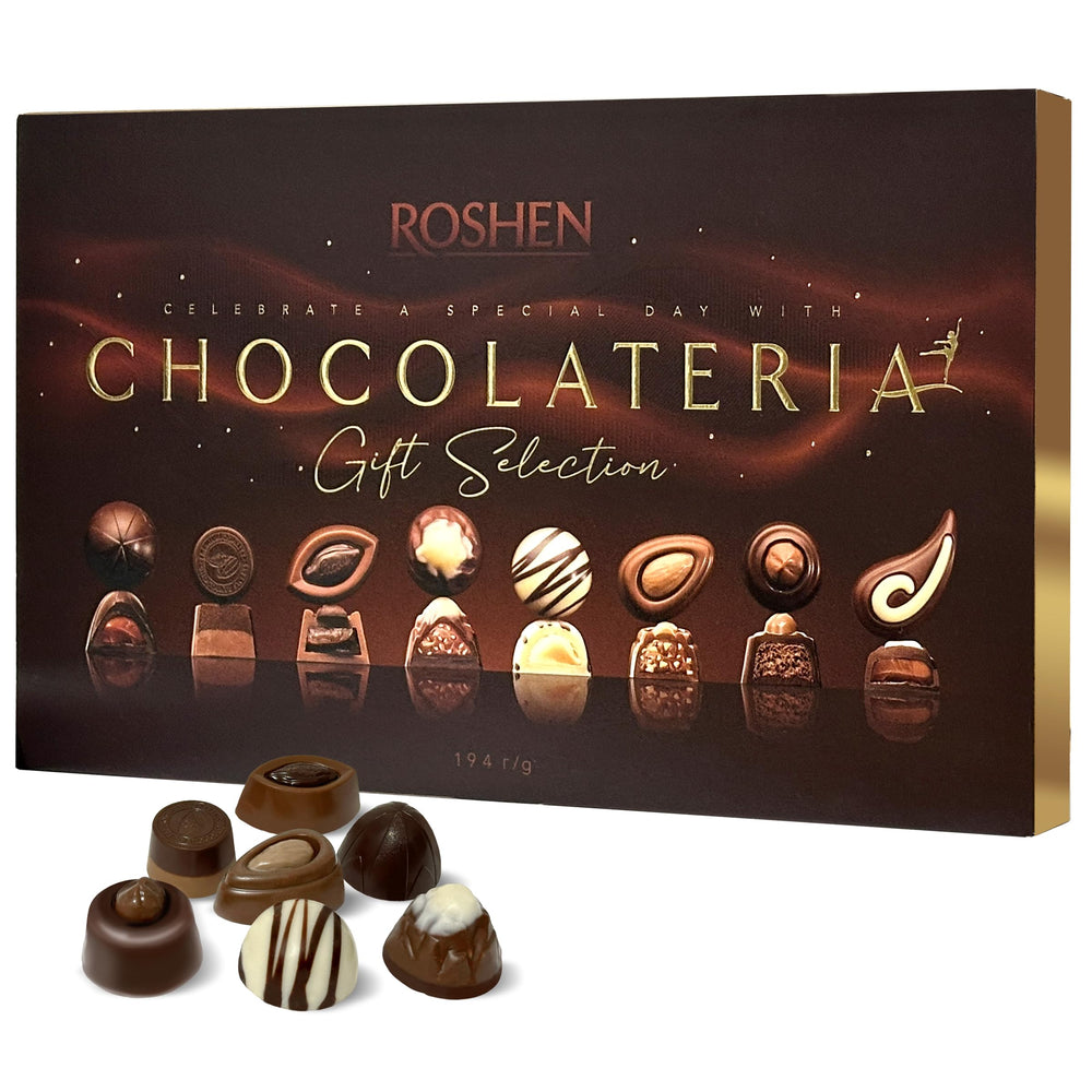 Roshen Chocolateria assortment box top view; ideal gift presentation.