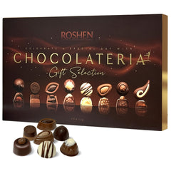 Roshen Chocolateria assortment box top view; ideal gift presentation.
