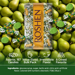 Roshen Duchess Pear hard candies individually wrapped for freshness on the go.