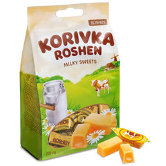 Roshen Korivka milk fudge piece shows creamy center and sugary crust, a satisfying bite.
