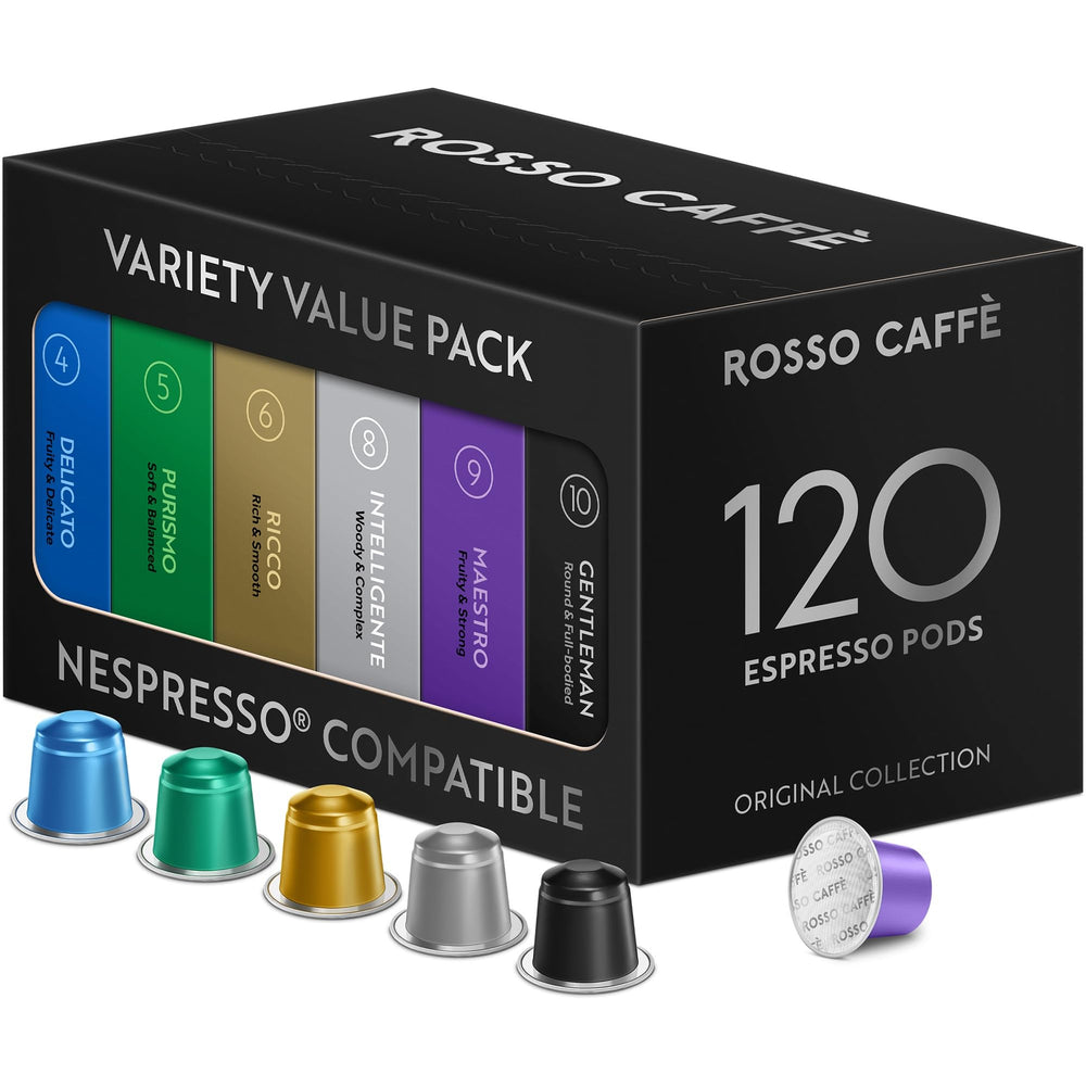 ROSSO CAFFÈ 120-pod variety pack shown in packaging for convenient home espresso