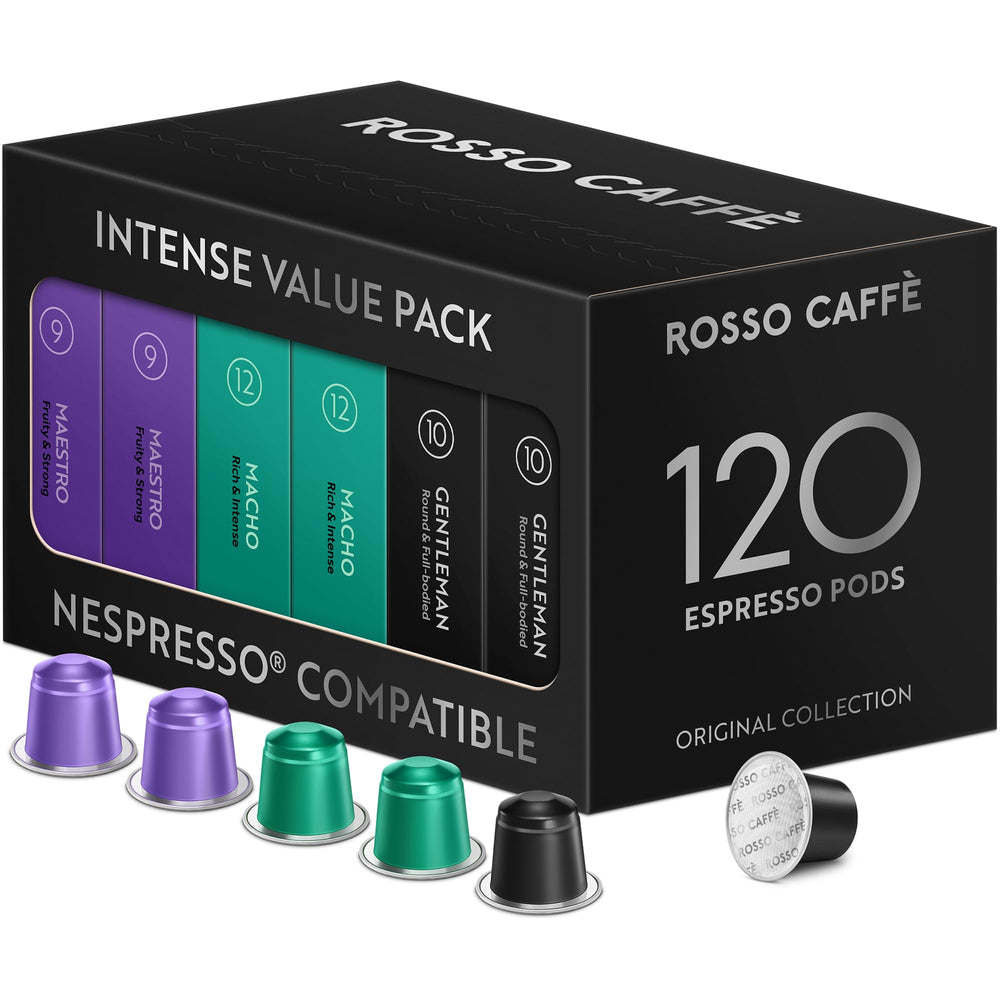 Rosso Caffè 120 pods pack front for consistent, value-packed espresso at home.