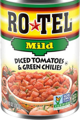 Close-up of ingredients in RO*TEL can, highlighting ripe tomatoes and chilies for bold flavor.
