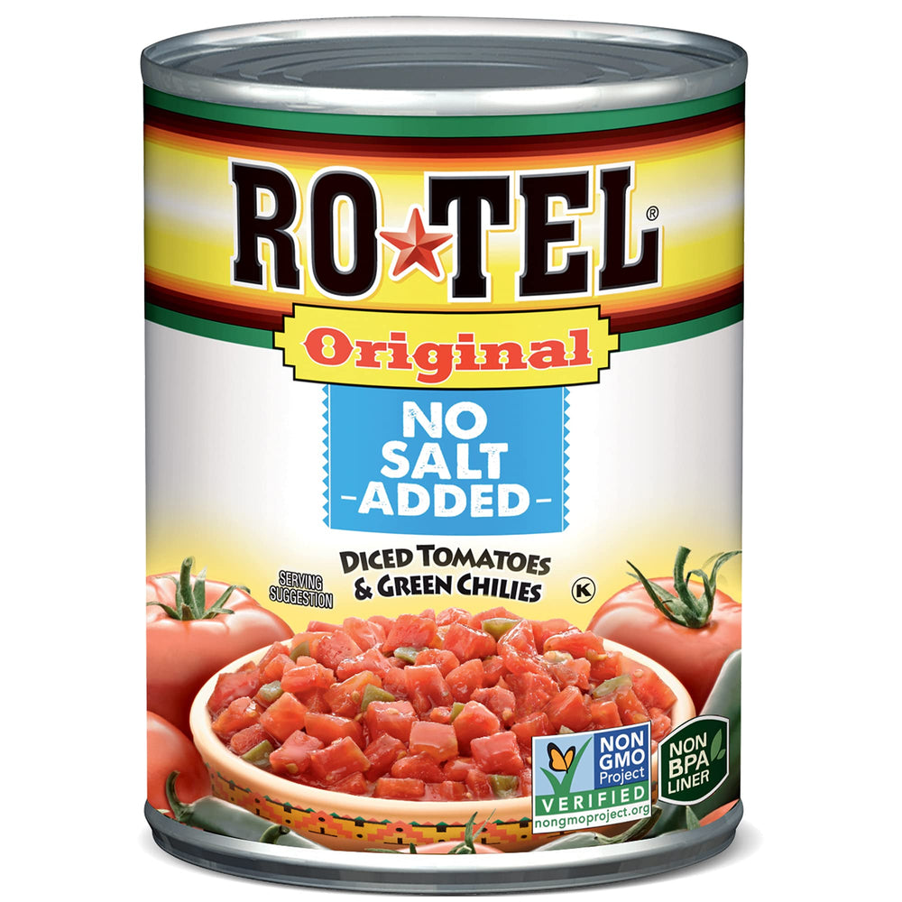 RO*TEL Original No Salt Added Diced Tomatoes and Green Chilies can image for bold, low-sodium flavor.