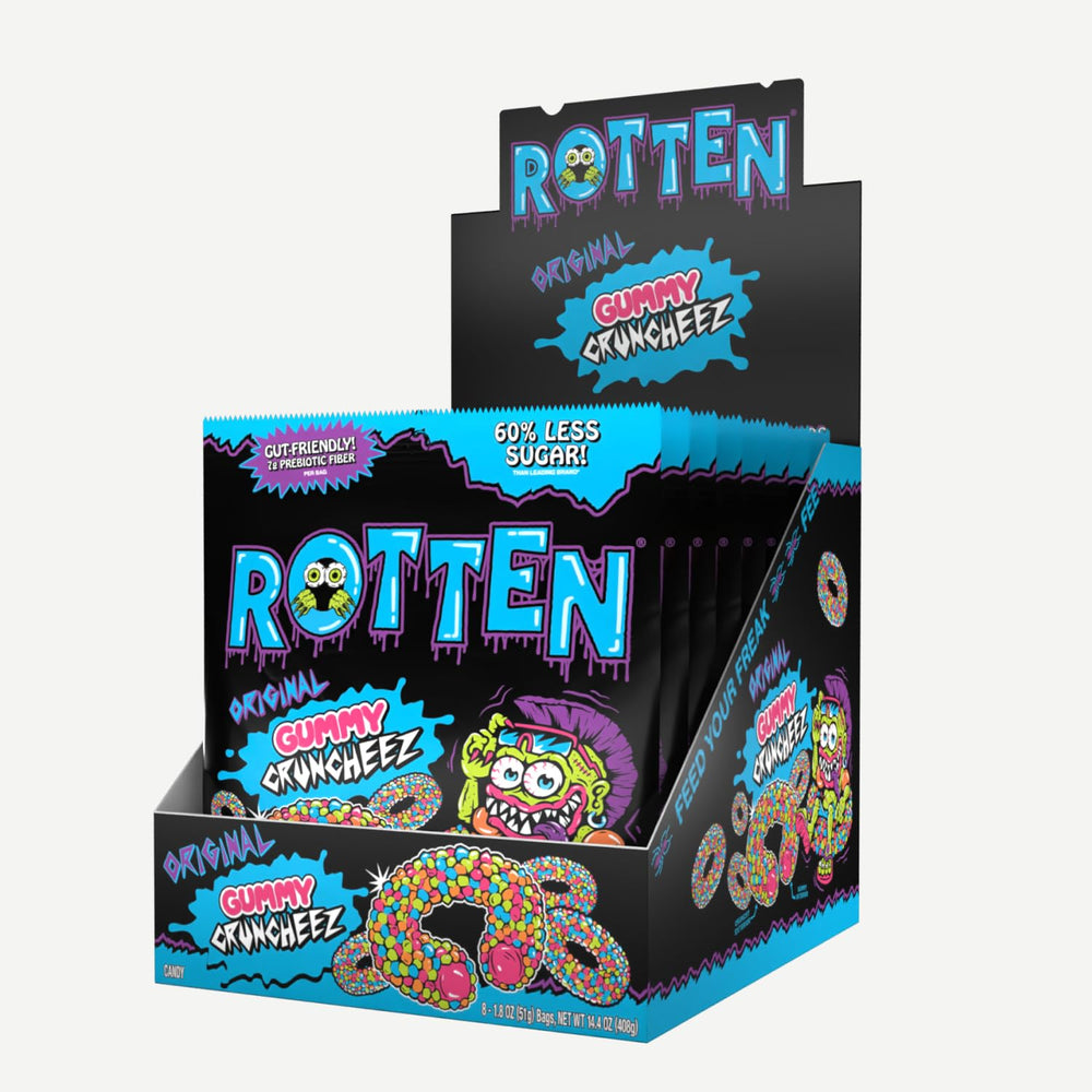 Rotten Gummy Cruncheez 8-pack box front with bold flavors and gluten-free claim