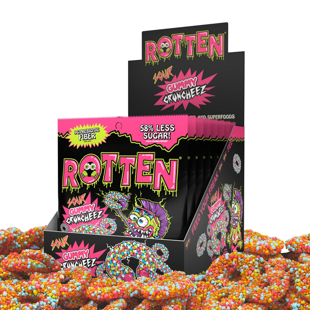Rotten Sour Gummy Cruncheez front label highlights gluten-free, low-sugar snack