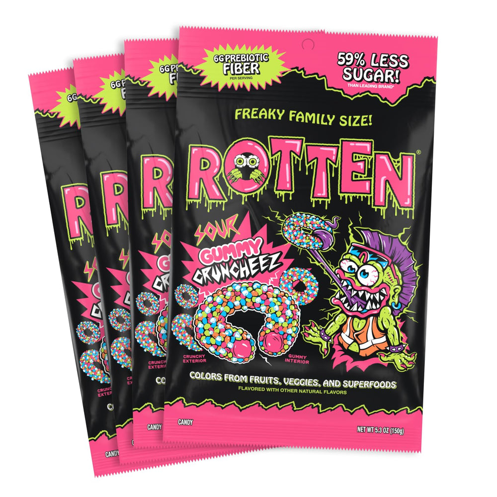 Rotten Sour Gummy Cruncheez pack shot showing gluten-free candy and bold flavors