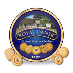 Royal Dansk Danish Butter Cookies gift tin with assorted shapes for sharing.