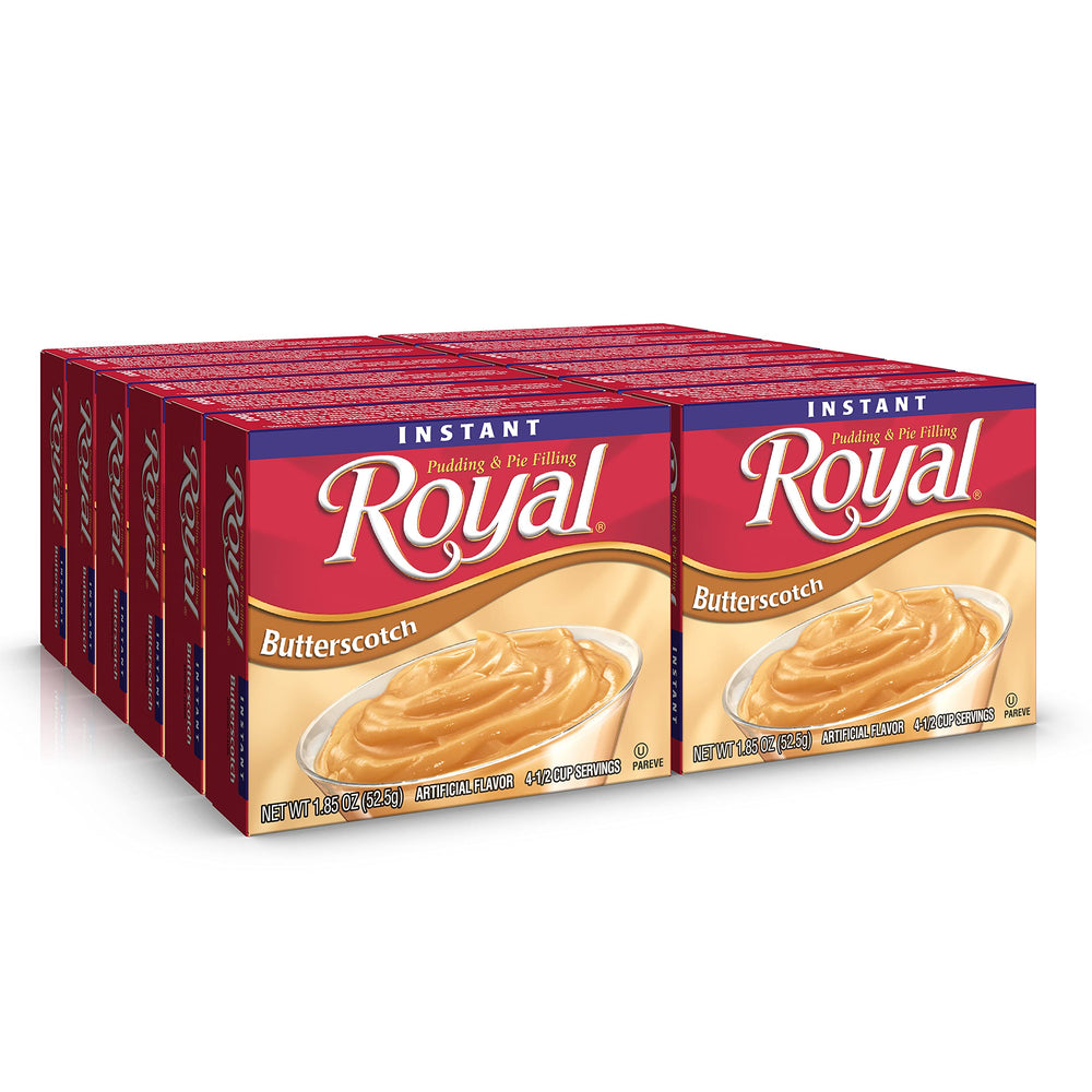 Royal Instant Pudding Butterscotch box pour shows a quick, fat-free treat option