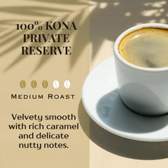 Royal Kona Coffee Ground Private Reserve beans close-up, premium Kona quality.