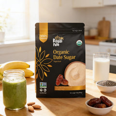 Royal Palm Date Sugar closeup shows texture and light coating for easy measuring.