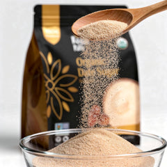 Royal Palm Date Sugar ingredients label showcases organic, non-GMO base.
