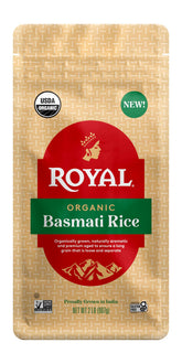 Royal White Basmati Rice pack shot; long grains for fluffy, non-sticky meals.