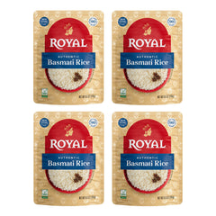 Royal White Basmati Rice ready-to-heat pouch four-pack delivers quick, fluffy meals.