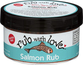 Rub with Love salmon rub bottle highlights smoky salmon flavor.