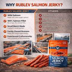 Rublev Salmon Jerky nutrition panel highlights 13g protein per serving.