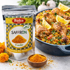 Rudca Food saffron rice dish steaming demonstrates vibrant color in pilaf