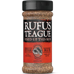 Rufus Teague steak rub bottle front highlights premium flavor for beef