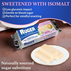 RUGER Sugar-Free Vanilla Wafers vegan non-GMO ingredients highlighted on label.