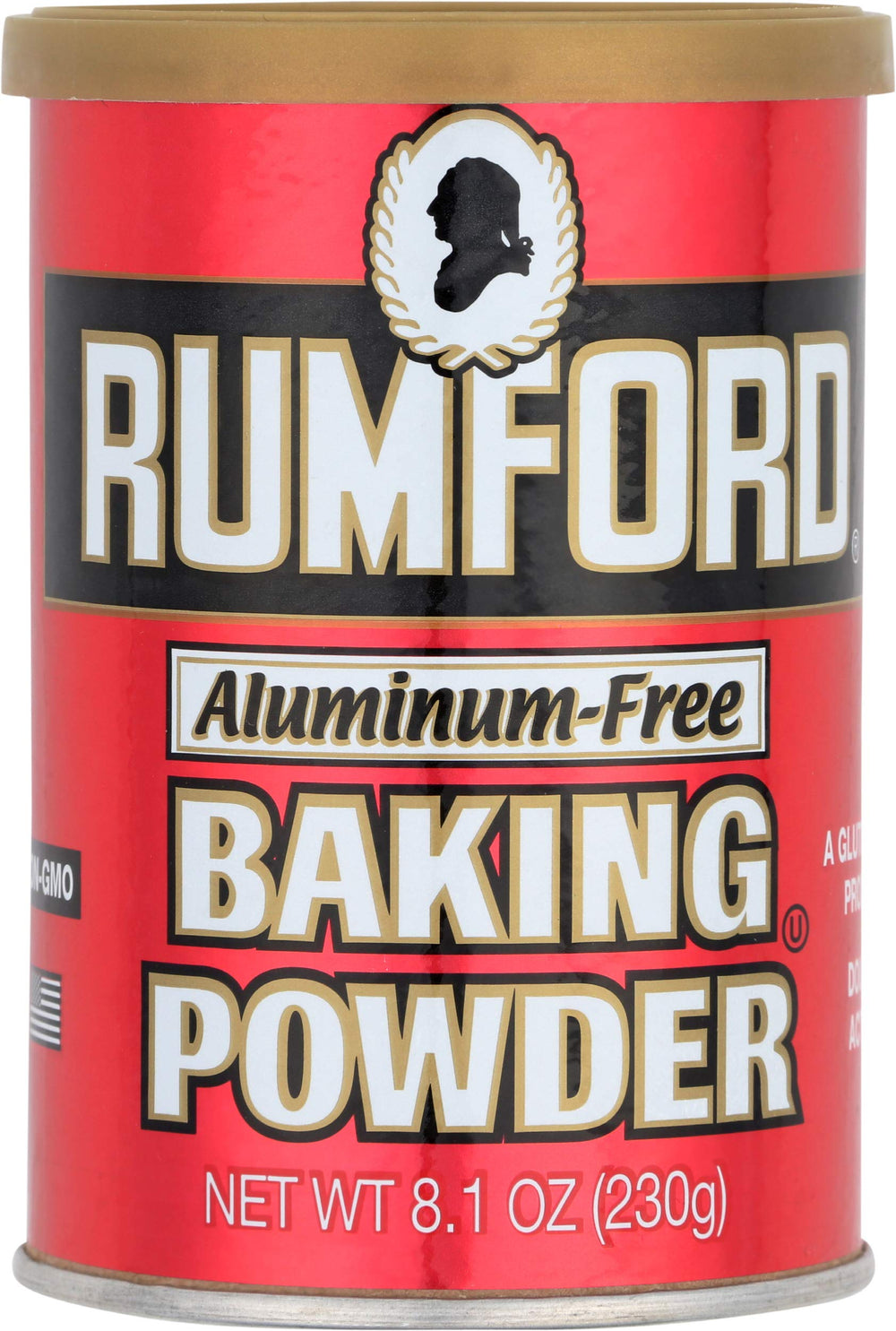 Rumford Baking Powder can with pop top for easy measuring and consistent results in all recipes.