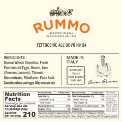 Rummo Fettuccine N.94 3-minute cook time badge, fast meal option.