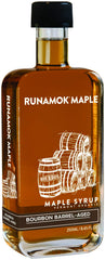 Runamok bourbon barrel aged maple syrup bottle, ideal for cocktails and pancakes.