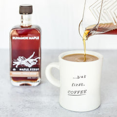 Runamok Cinnamon-Vanilla Maple Syrup label close-up showing organic Vermont sourcing