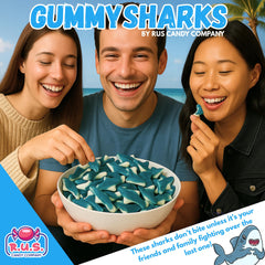 Ocean-themed party display featuring R.U.S. Candy shark gummies