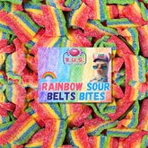 R.U.S. Candy Rainbow Sour Belts bag full of tangy fruit chews for sharing.
