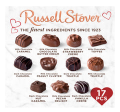 Russell Stover 17-piece chocolate box showcases milk and dark varieties.