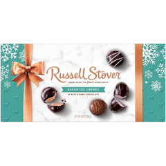 Russell Stover assorted creams gift box showcases festive packaging for holiday gifting.