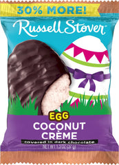 Russell Stover dark chocolate coconut cream egg, glossy shell with creamy center, a gourmet treat.