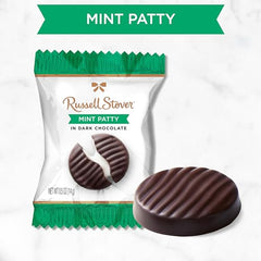 Russell Stover mint center close-up in dark chocolate patty