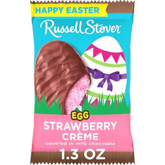 Strawberry crème center inside a Russell Stover milk chocolate egg.