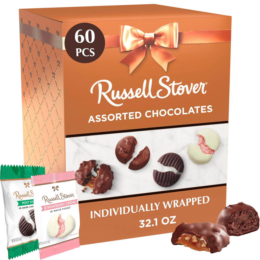 Russell Stover gift box copper finish with assorted chocolates, ideal for celebrations.