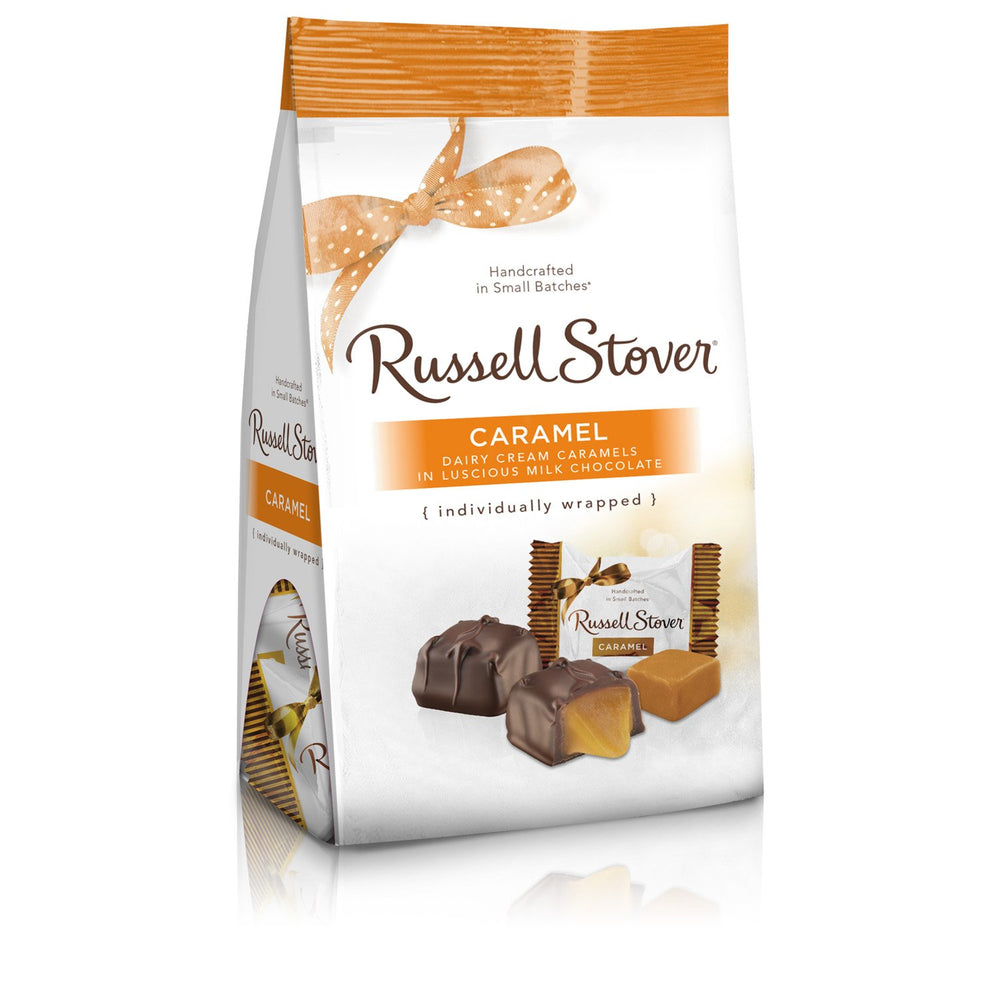 Russell Stover Milk Chocolate Caramels 6 oz bag packaging, ideal for sharing at gatherings.