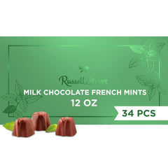 RUSSELL STOVER Milk Chocolate French Mints gift box closeup highlighting premium packaging for gifting.