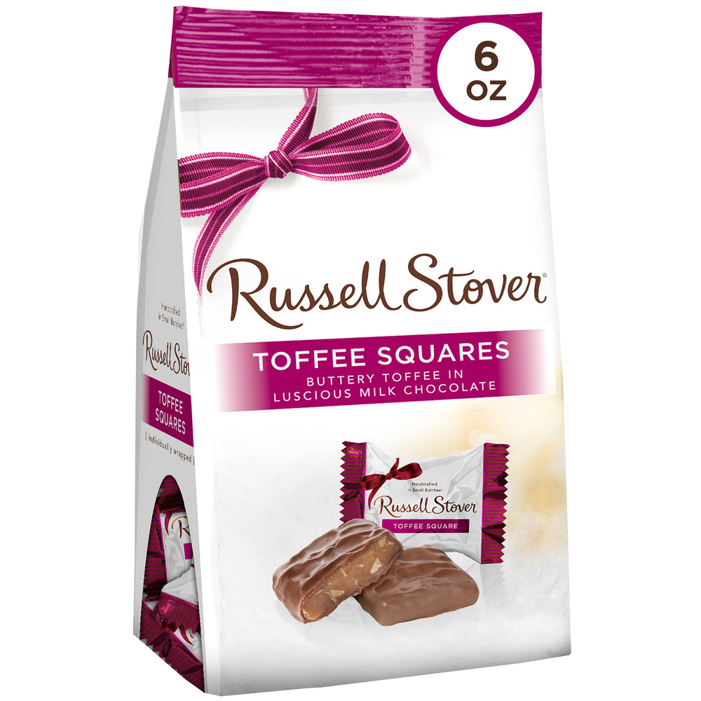 Russell Stover milk chocolate toffee squares peg bag, ideal for gifting and sharing.