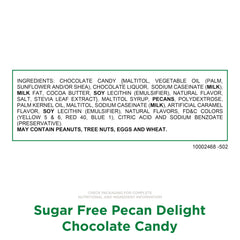 Russell Stover Pecan Delights chocolate coating with pecans and caramel close-up.