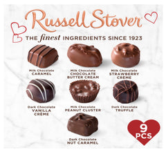 Close-up of glossy red foil heart box highlighting Russell Stover packaging