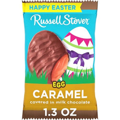 Creamy caramel center inside Russell Stover milk chocolate