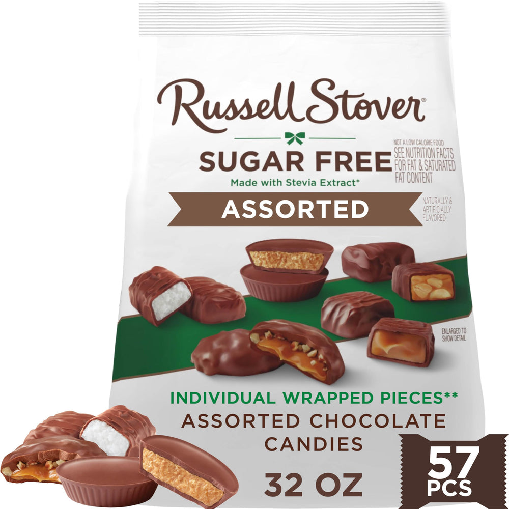 RUSSELL STOVER sugar-free assorted chocolates bag front, ideal for gifting.