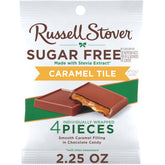 Russell Stover Sugar Free Caramel Chocolate Tiles bag on shelf, ideal for sugar-free snacking.