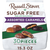 Russell Stover sugar-free dark chocolate caramels wrapped for on-the-go enjoyment.