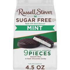 Russell Stover mint patties pack front showcasing sugar-free option