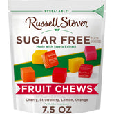 RUSSELL STOVER sugar-free fruit chews bag showing four flavors for guilt-free snacking