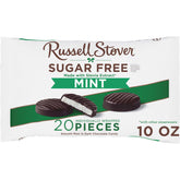 Russell Stover Sugar Free Mint Patties bag close-up showing mint cream under dark chocolate for snack-ready indulgence.