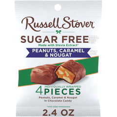 Russell Stover Sugar Free bag front showing peanut caramel nougat sweetness