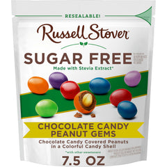 Russell Stover sugar-free peanut gems in bag front, ideal for on-the-go snacking