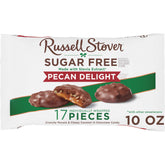 Russell Stover Sugar Free Pecan Delights 10oz bag showcasing a convenient, sugar-free chocolate treat.